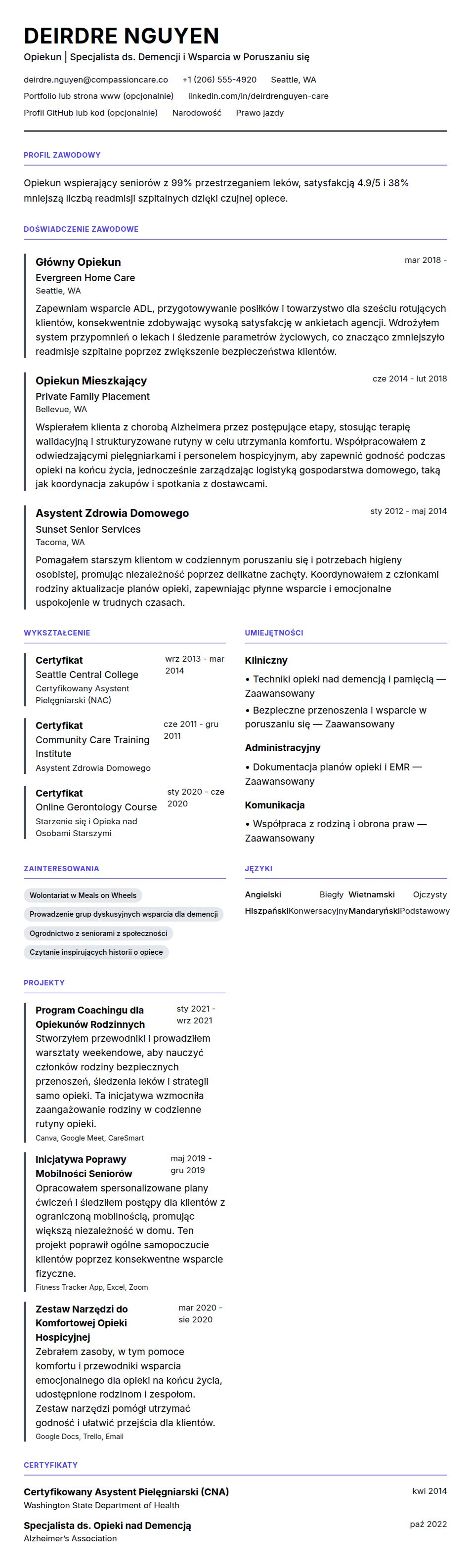 Przykładowe CV Opiekuna