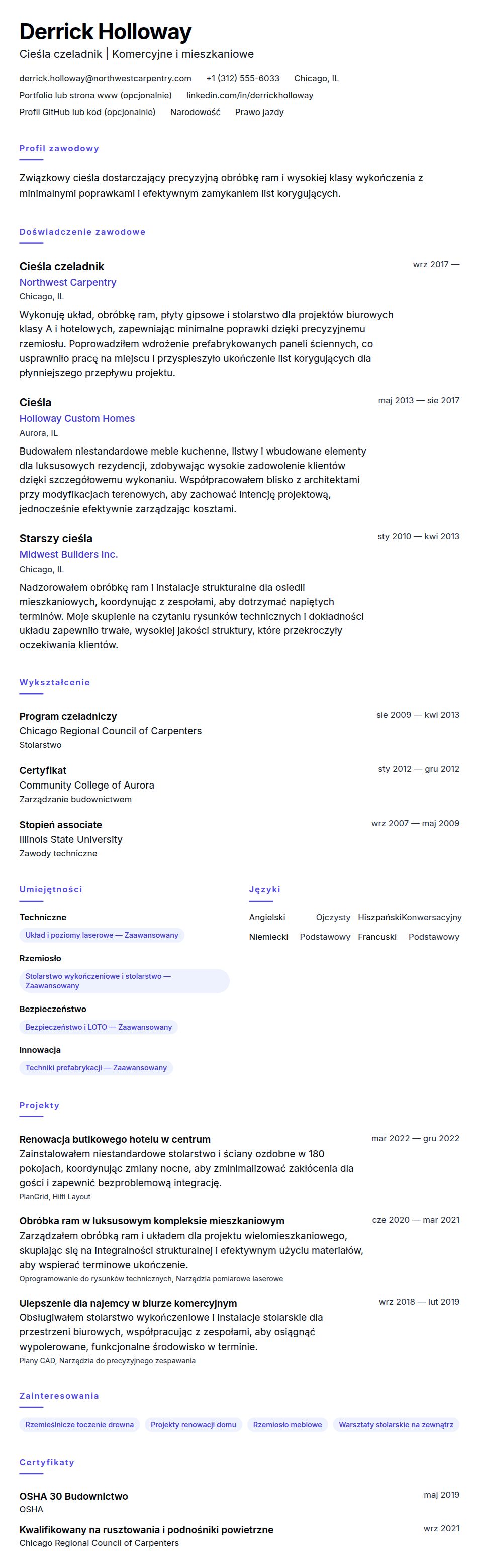Podgląd CV Przykładowe CV Cieśli