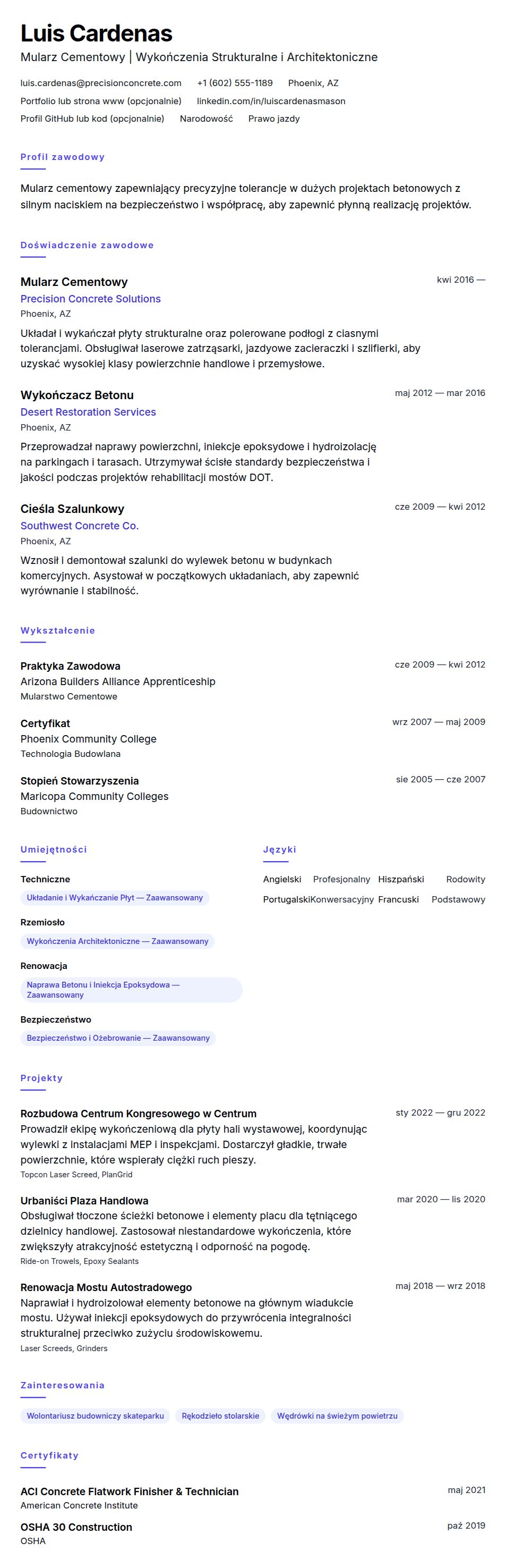 Podgląd CV Przykładowe CV Mularza Cementowego