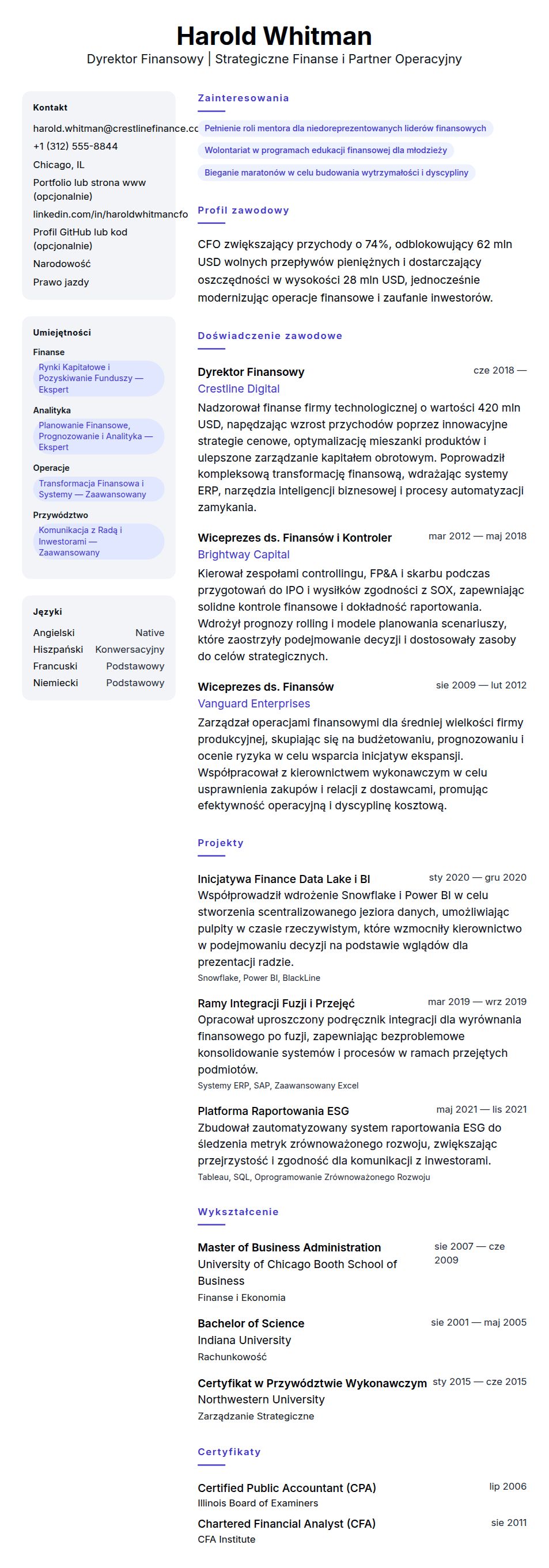 Podgląd CV Przykładowe CV Dyrektora Finansowego