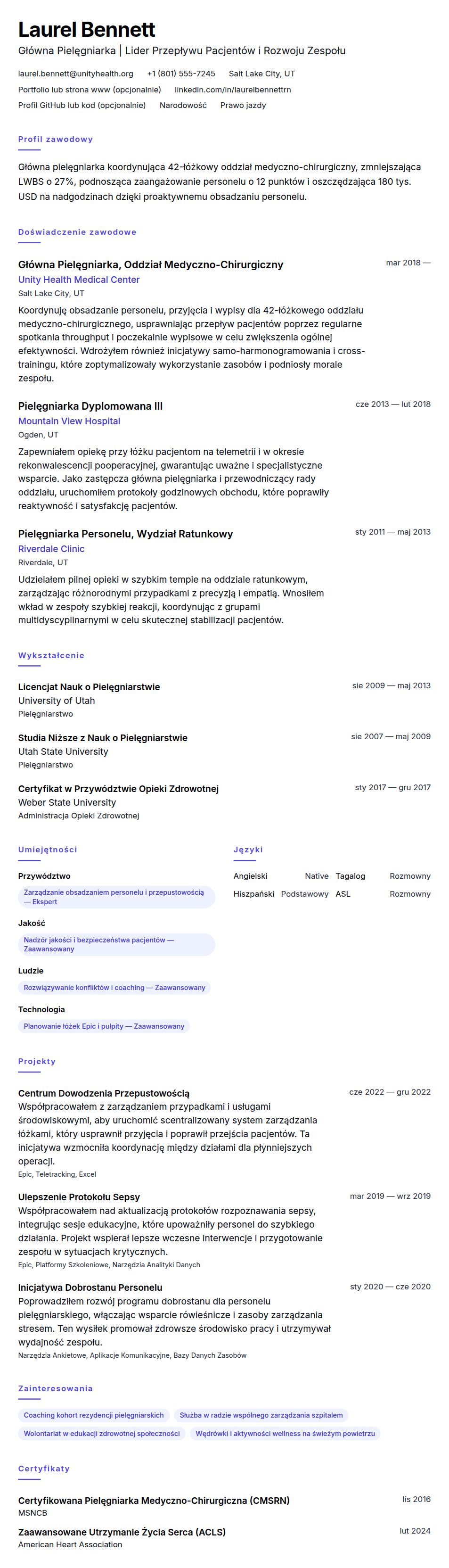 Podgląd CV Przykład CV Głównej Pielęgniarki