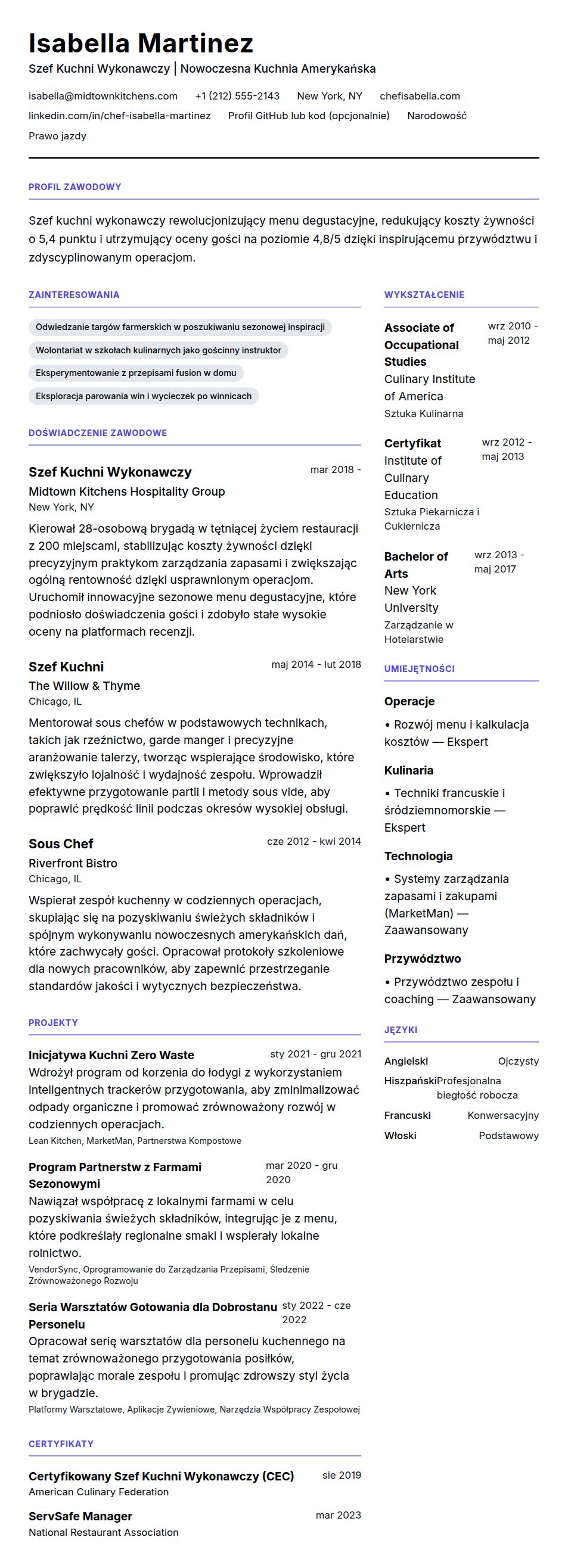 Podgląd CV Przykładowe CV Szefa Kuchni