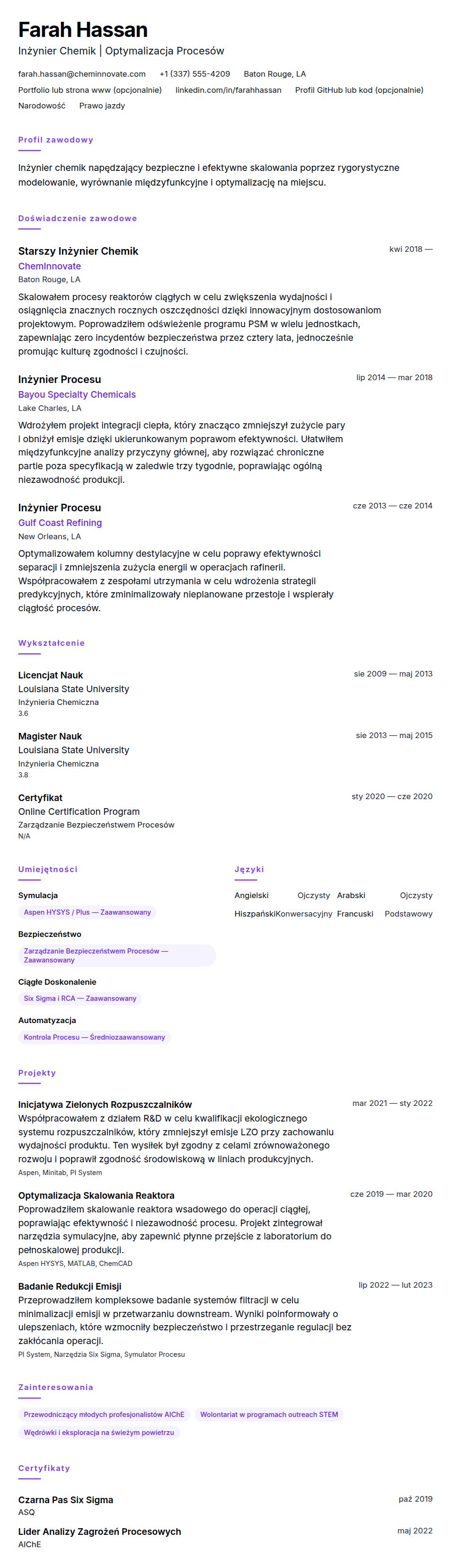 Podgląd CV Przykład CV Inżyniera Chemika