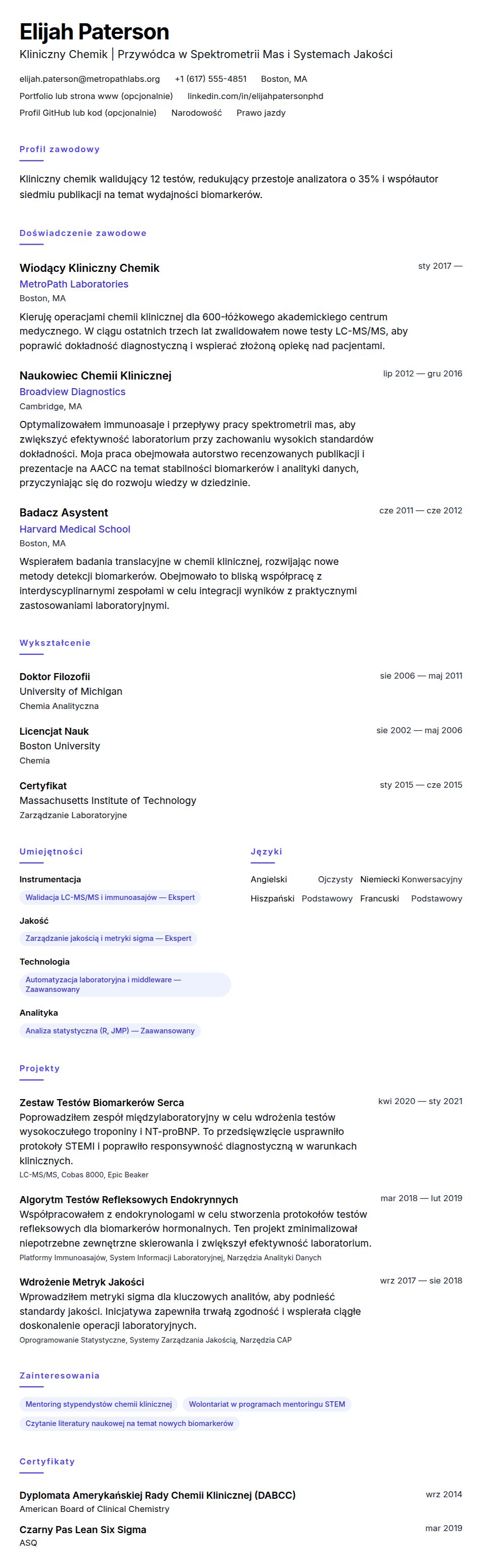 Podgląd CV Przykładowe CV Klinicznego Chemika