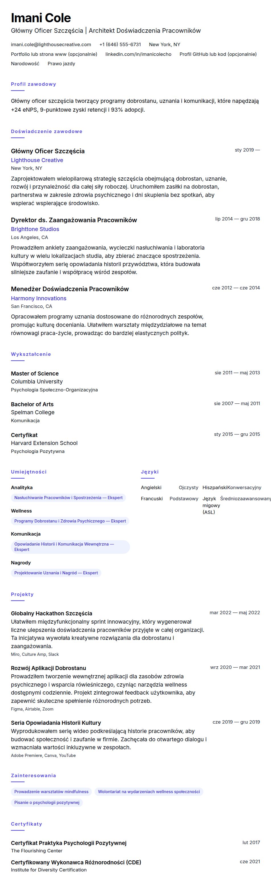 Podgląd CV Przykładowe CV Głównego Oficera Szczęścia (CHO)
