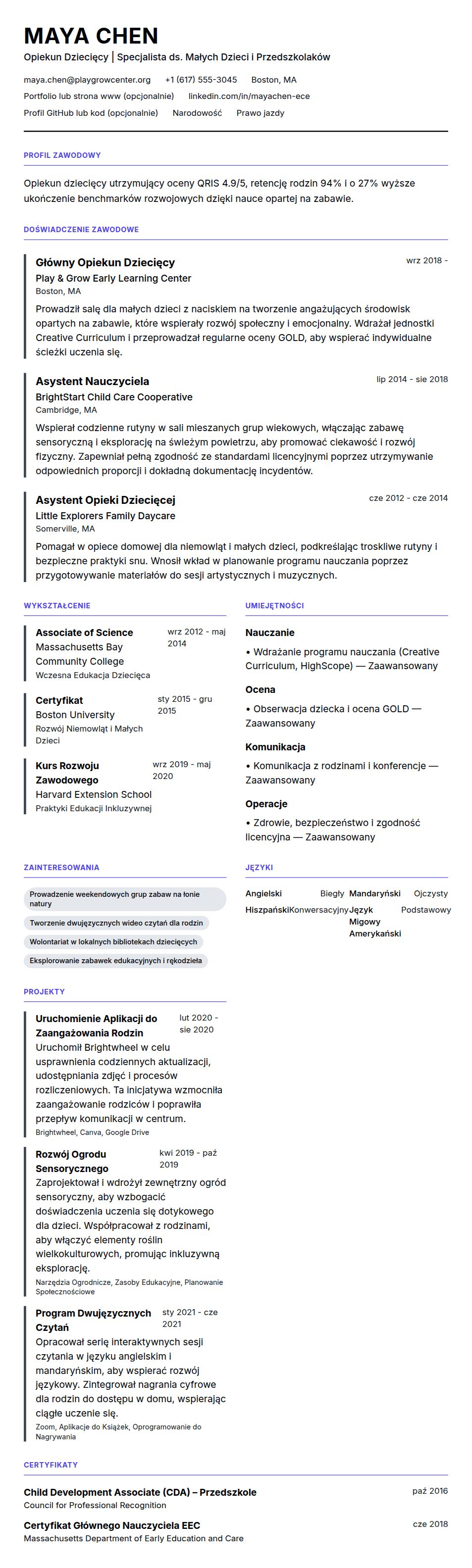 Podgląd CV Przykładowe CV Opiekuna Dziecięcego