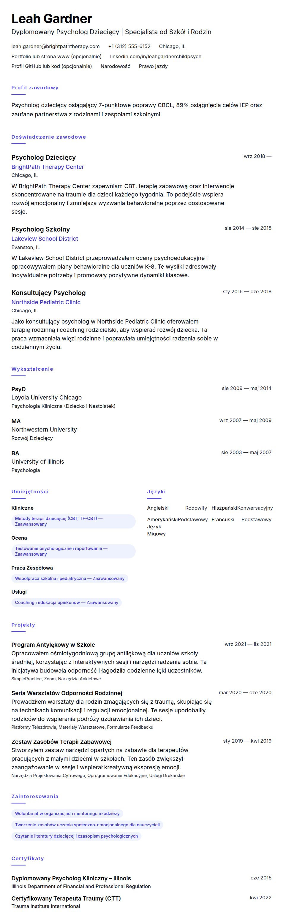 Podgląd CV Przykładowe CV Psychologa Dziecięcego