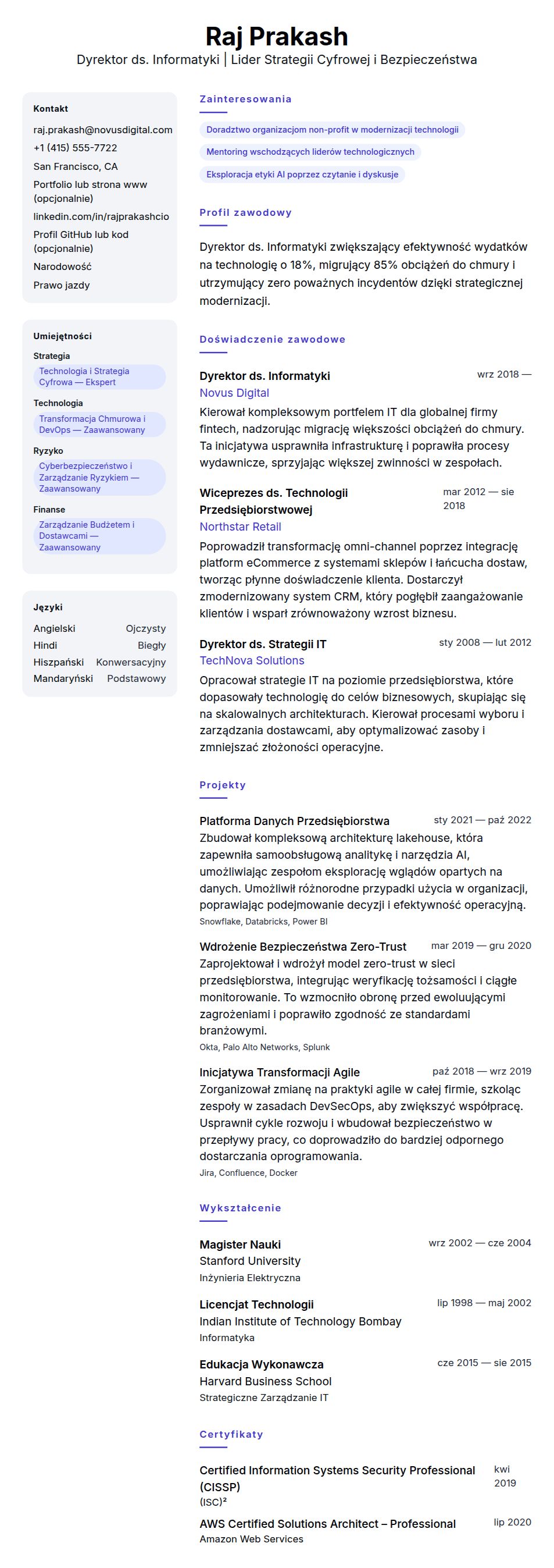 Podgląd CV Przykładowe CV Dyrektora ds. Informatyki