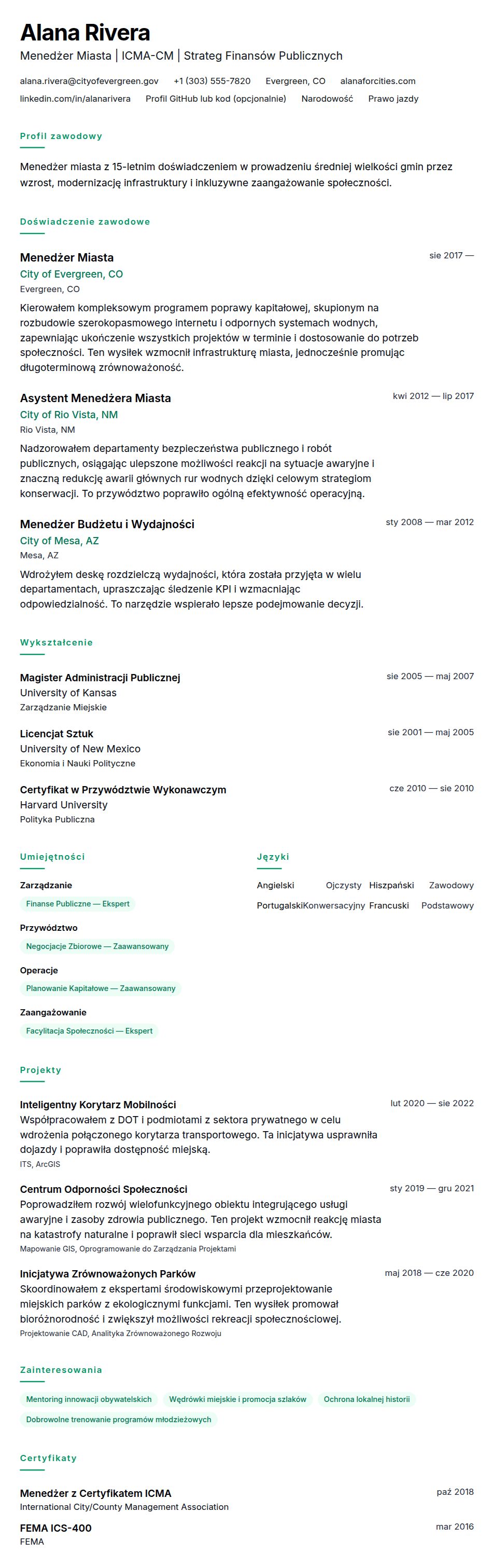 Przykładowe CV Menedżera Miasta