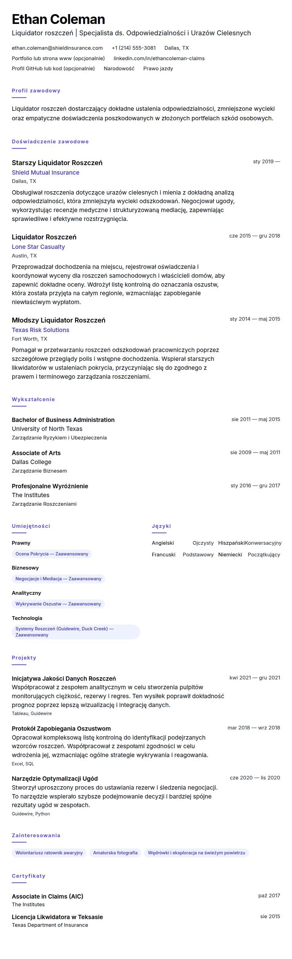 Przykład CV Likwidatora Roszczeń
