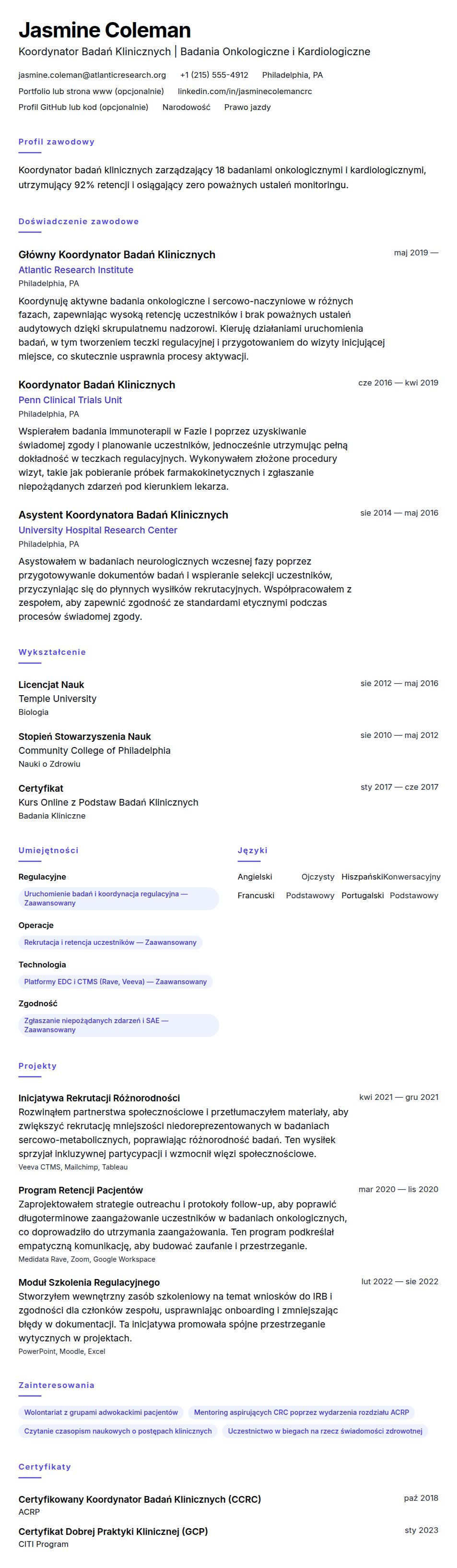 Podgląd CV Przykładowe CV Koordynatora Badań Klinicznych