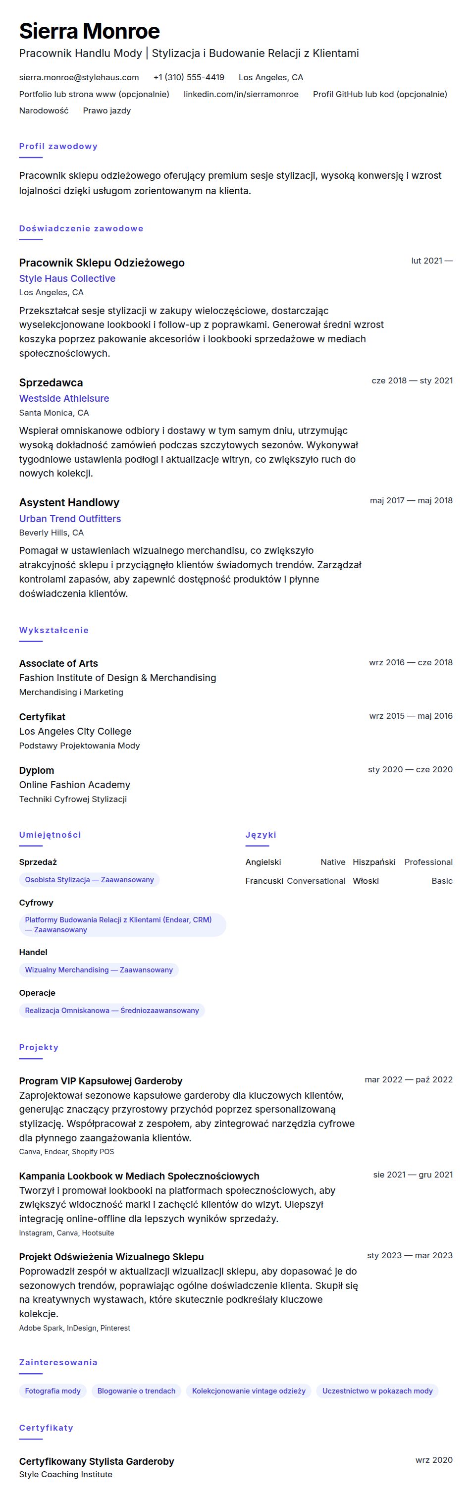 Podgląd CV Przykład CV Pracownika Sklepu Odzieżowego