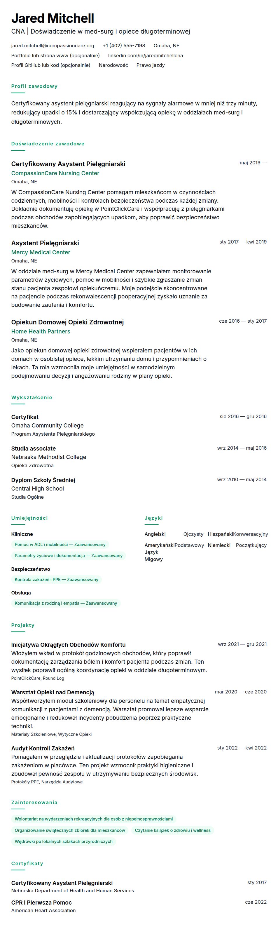 Podgląd CV Przykładowe CV Certyfikowanego Asystenta Pielęgniarskiego (CNA)