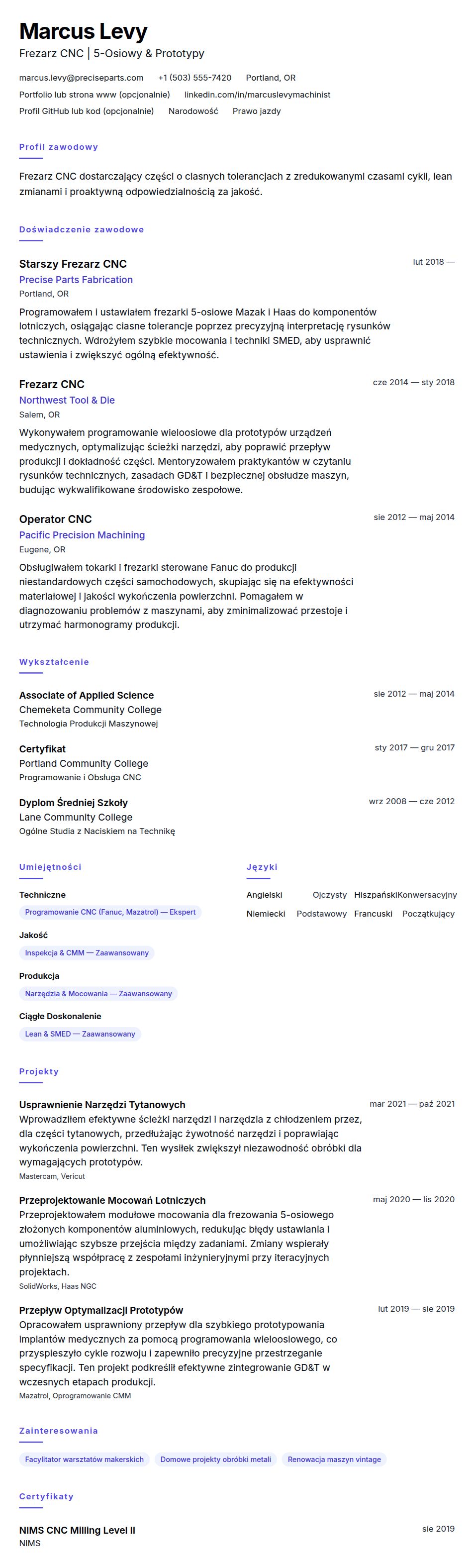 Podgląd CV Przykład CV Frezarz CNC