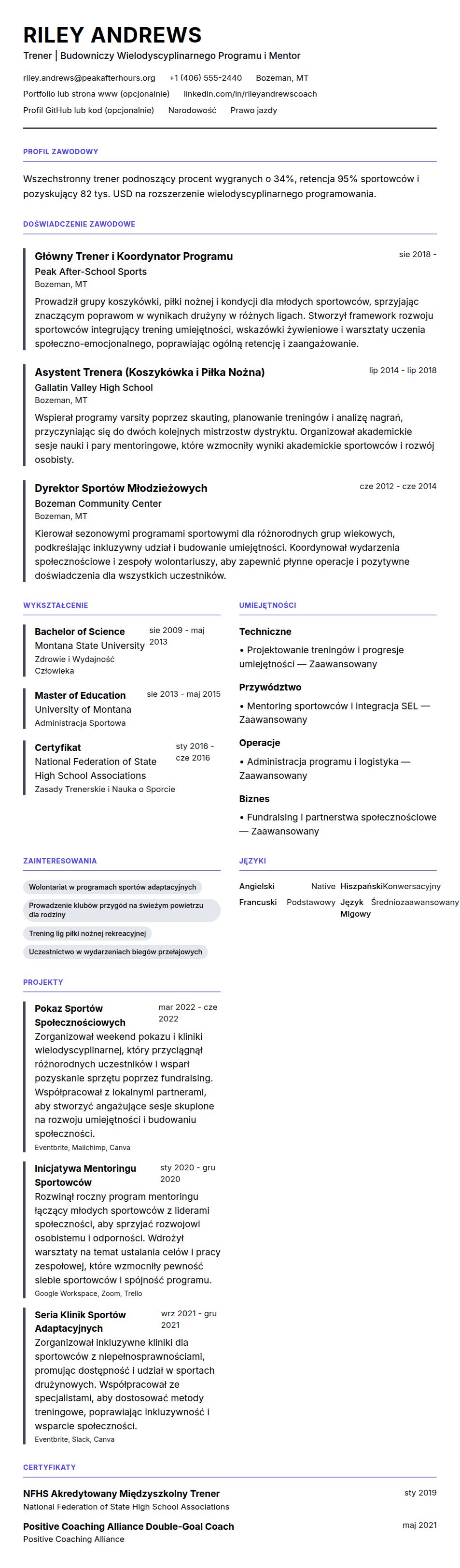 Podgląd CV Przykładowe CV Trenera