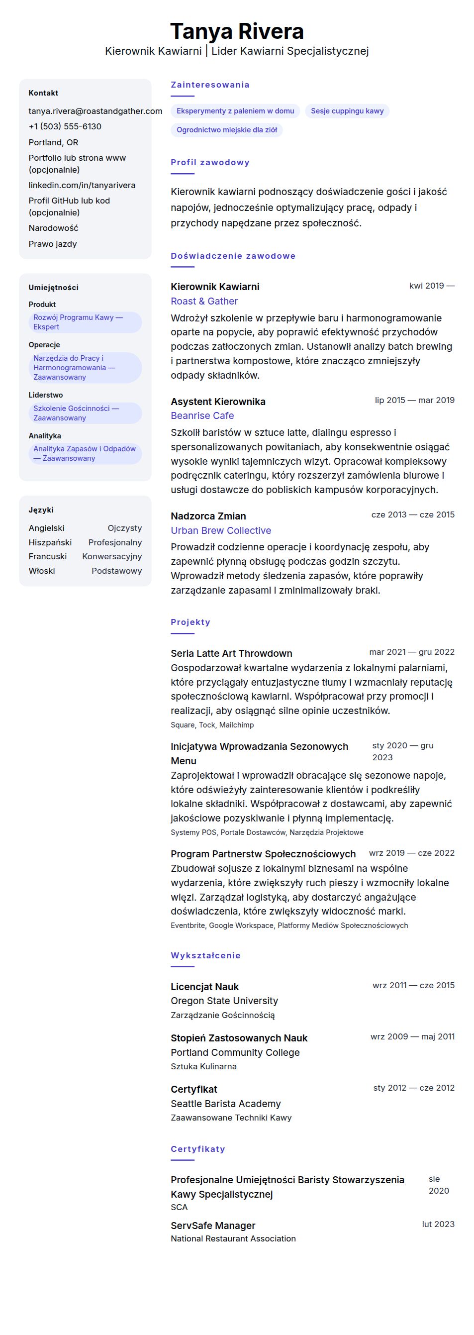 Przykładowe CV Kierownika Kawiarni