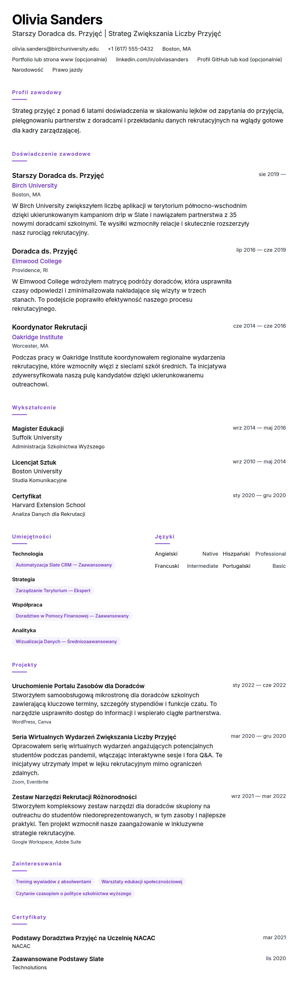 Podgląd CV Przykładowe CV Doradcy ds. Przyjęć na Uczelnię