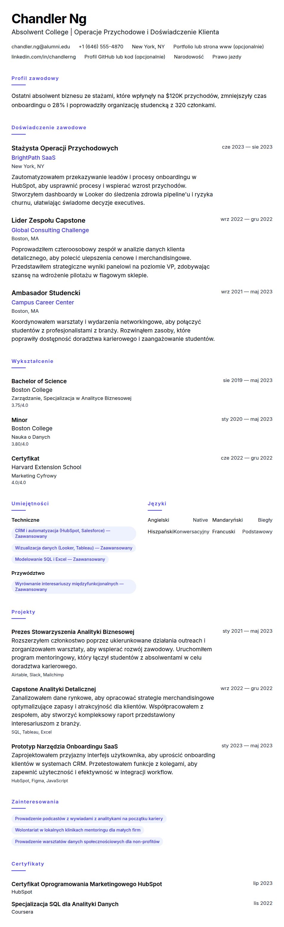 Przykład CV Absolwenta College