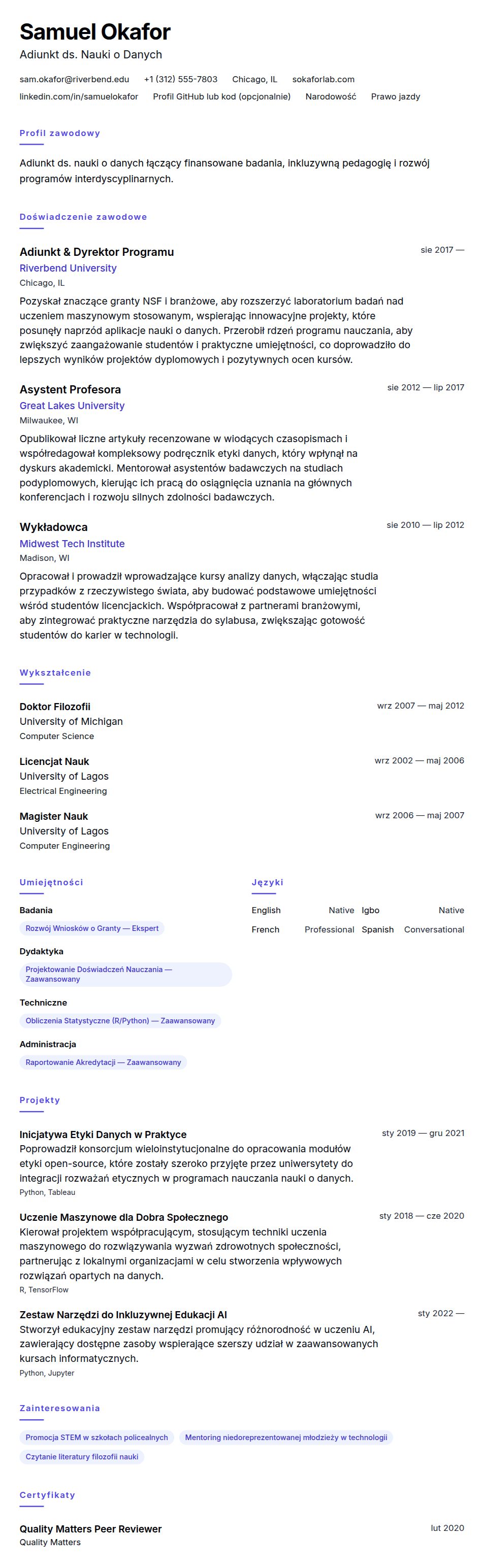 Podgląd CV Przykładowe CV Profesora Uniwersytetu