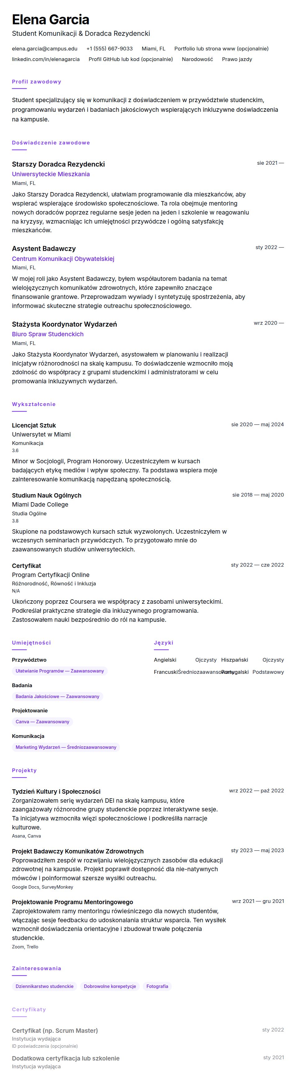 Podgląd CV Przykładowe CV Studenta Kolegium