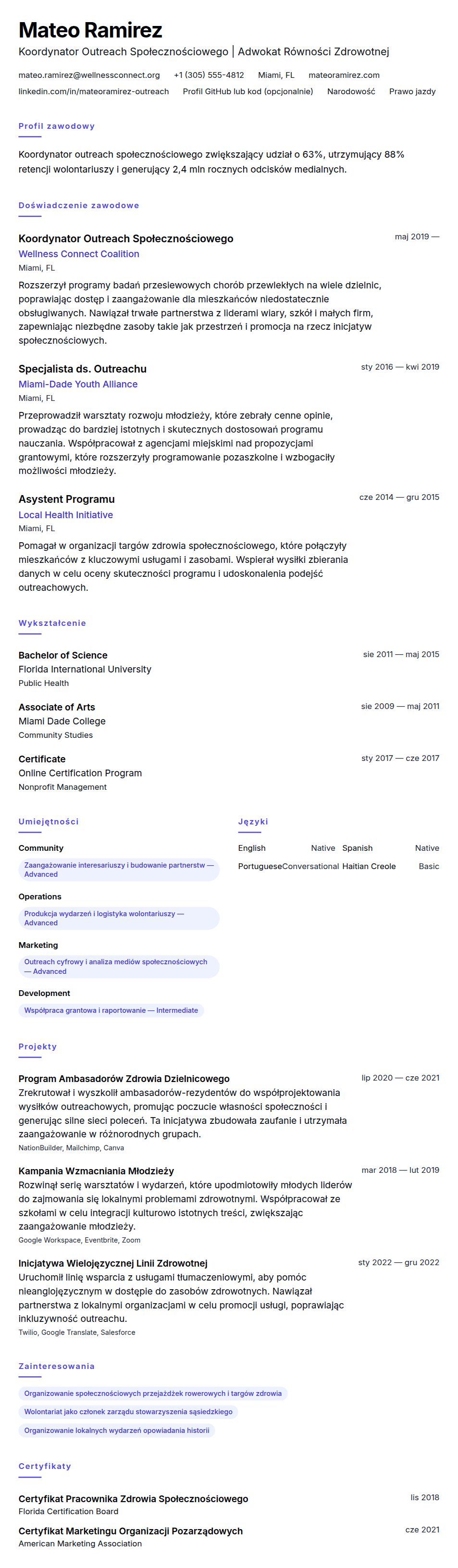Przykładowe CV Koordynatora Outreach Społecznościowego