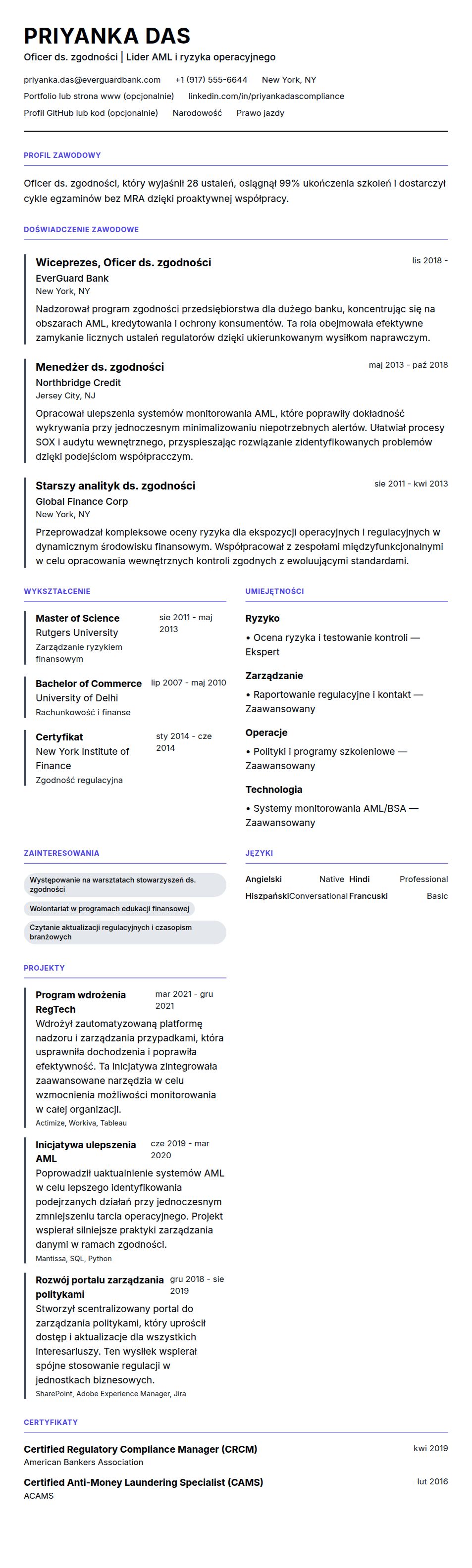 Podgląd CV Przykład CV Oficera ds. zgodności