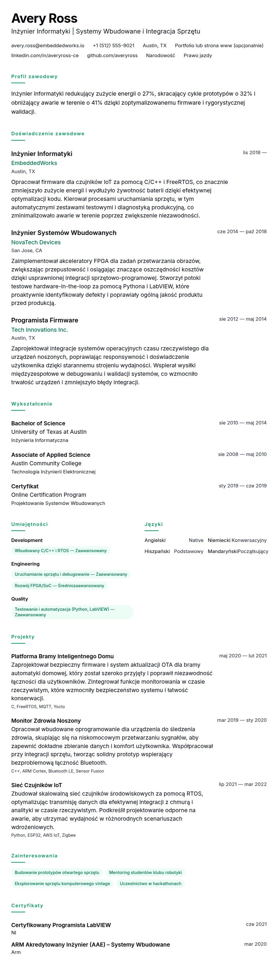 Podgląd CV Przykład CV Inżyniera Informatyki