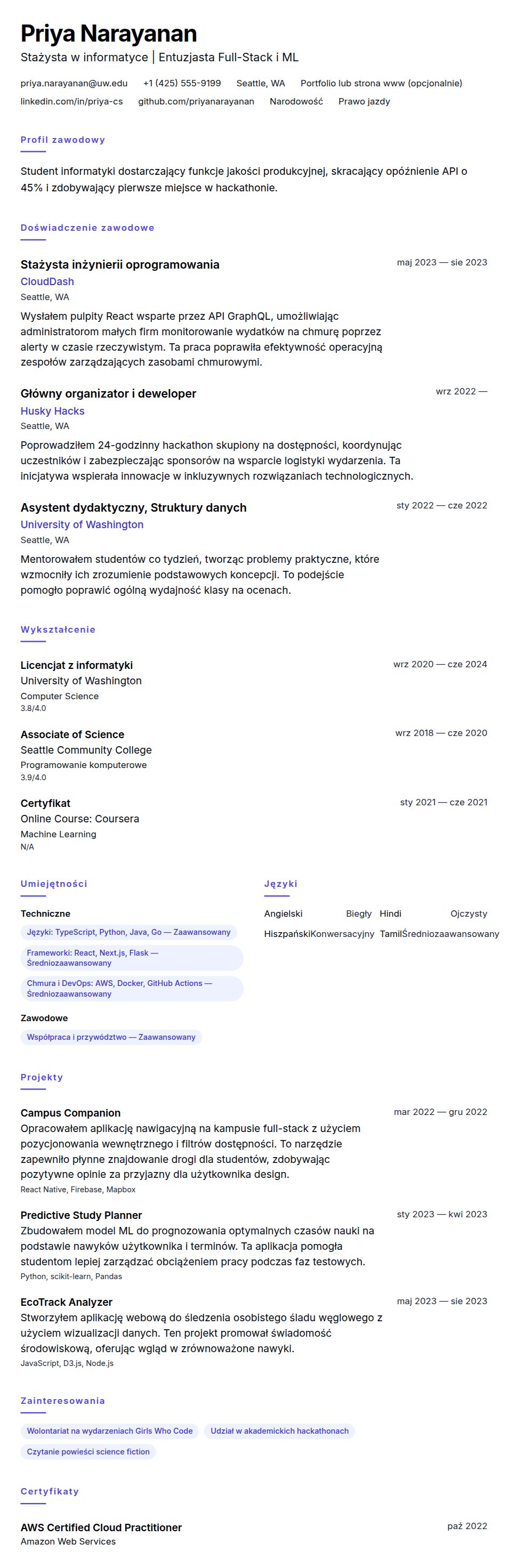 Podgląd CV Przykładowe CV na staż w informatyce