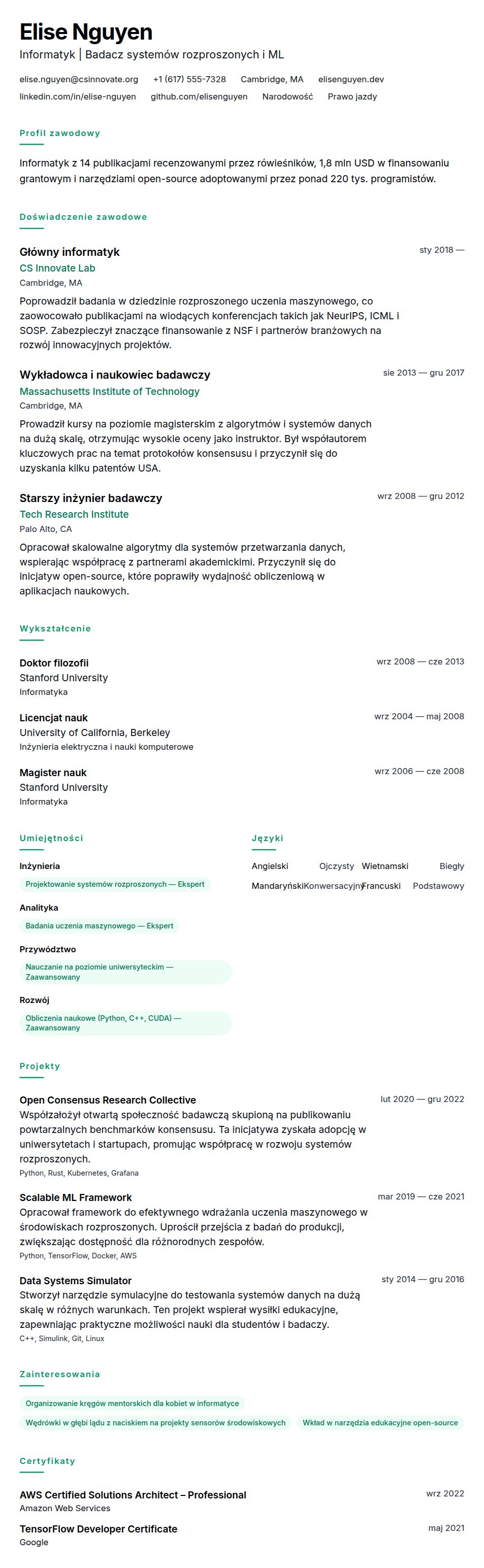 Podgląd CV Przykładowe CV profesjonalisty w dziedzinie informatyki