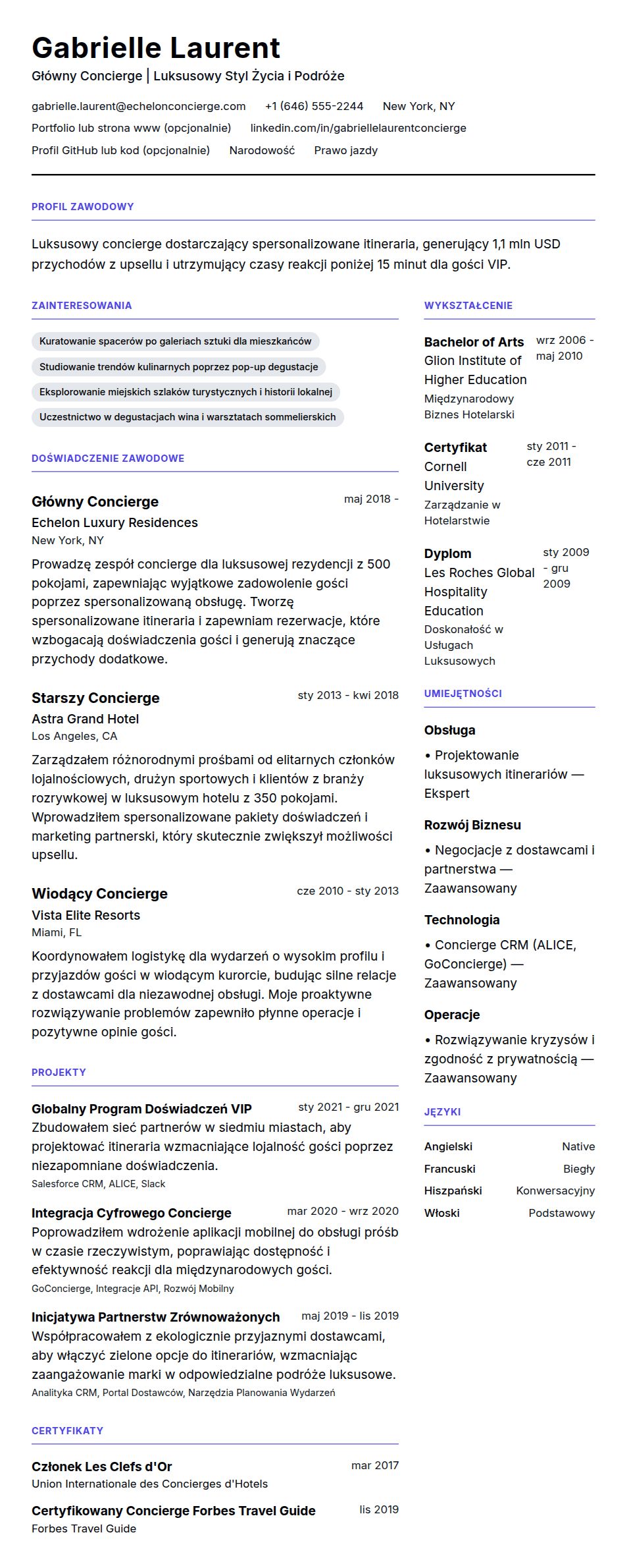 Podgląd CV Przykład CV Concierge