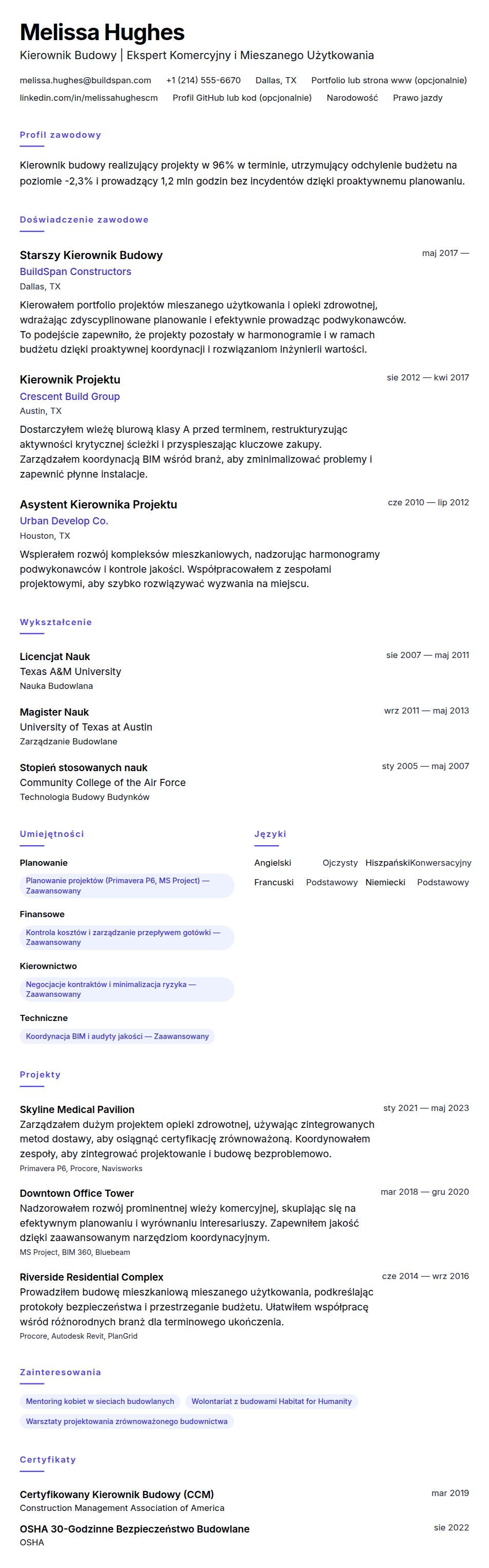 Przykładowe CV Kierownika Budowy