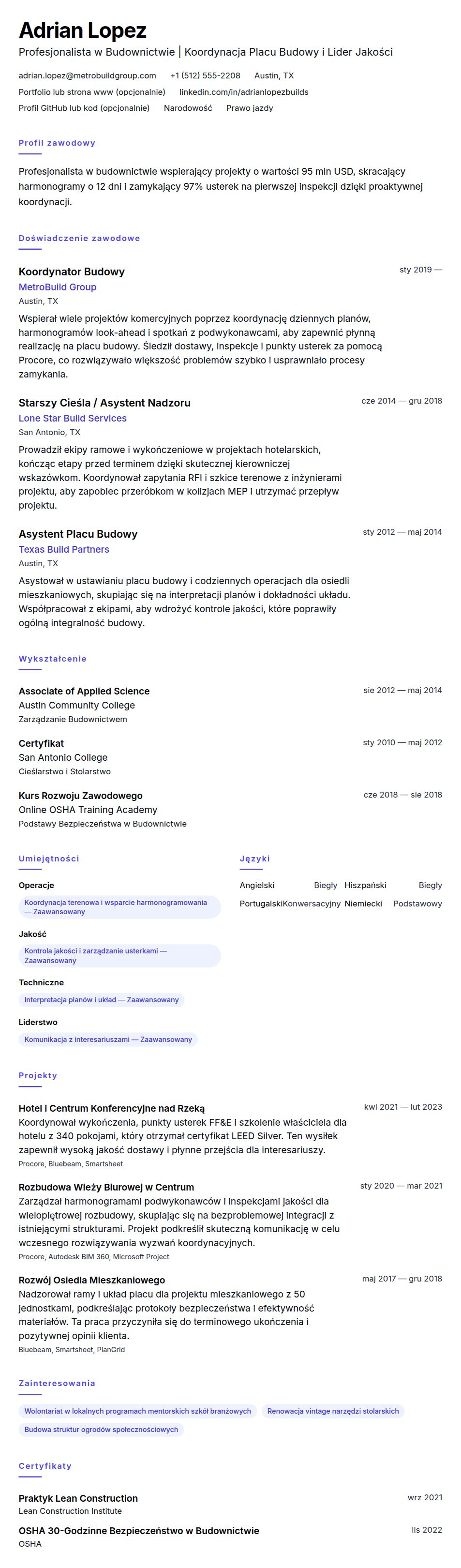 Podgląd CV Przykładowe CV Profesjonalisty w Budownictwie