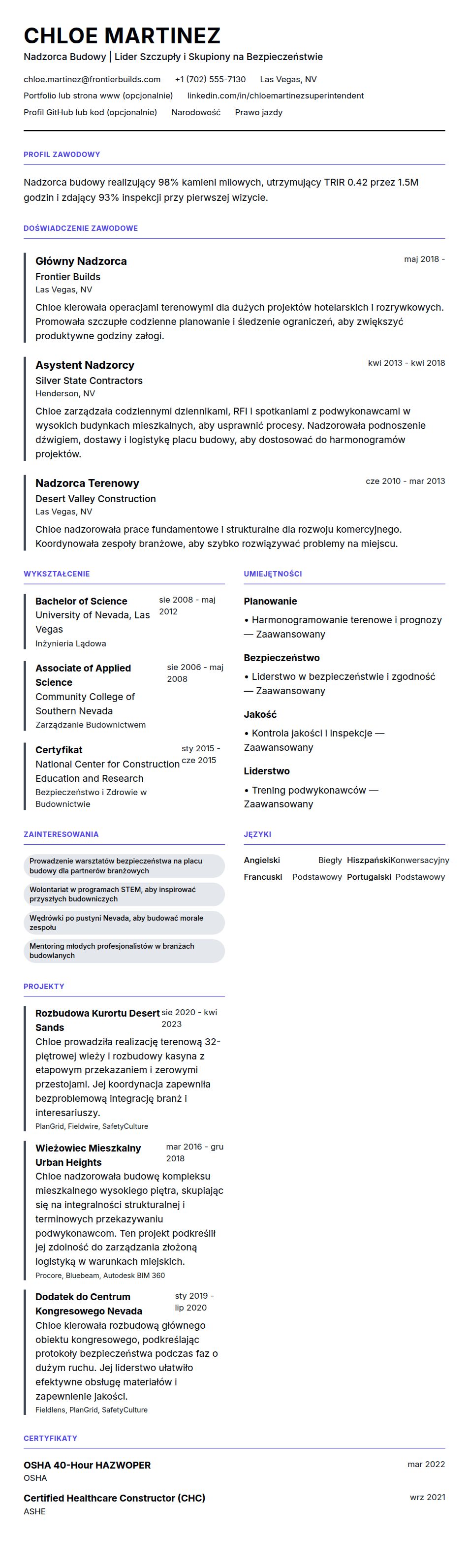 Przykładowe CV Nadzorcy Budowy