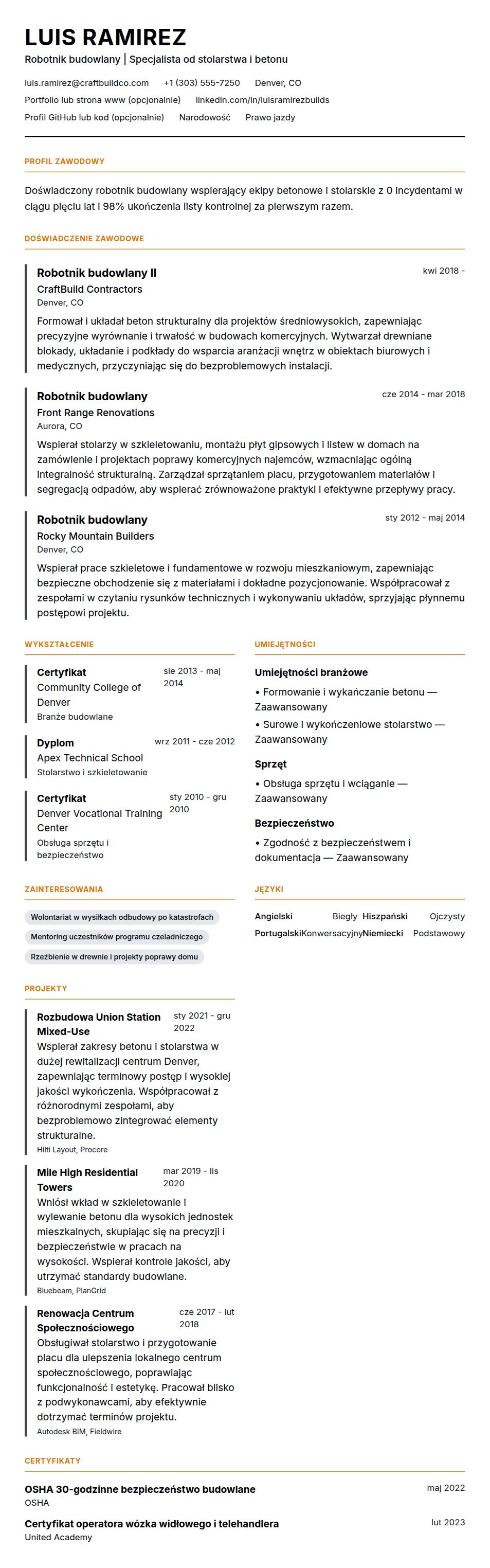 Podgląd CV Przykładowe CV Robotnika budowlanego