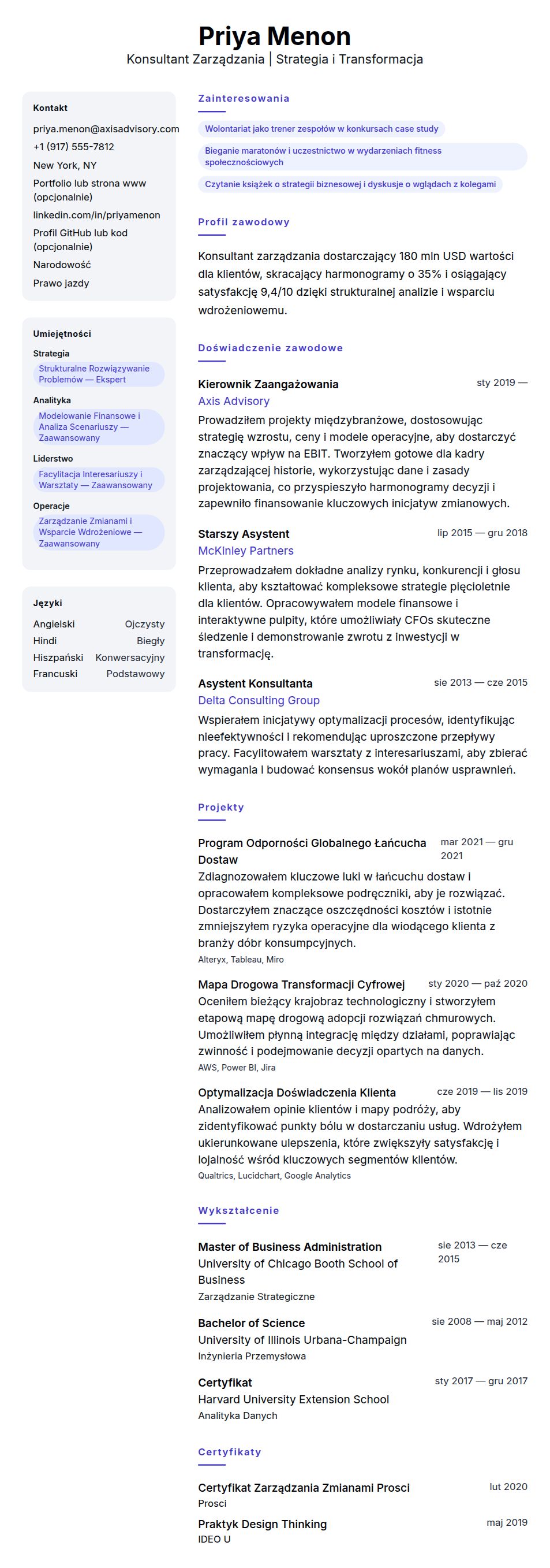 Podgląd CV Przykład CV Konsultanta Zarządzania