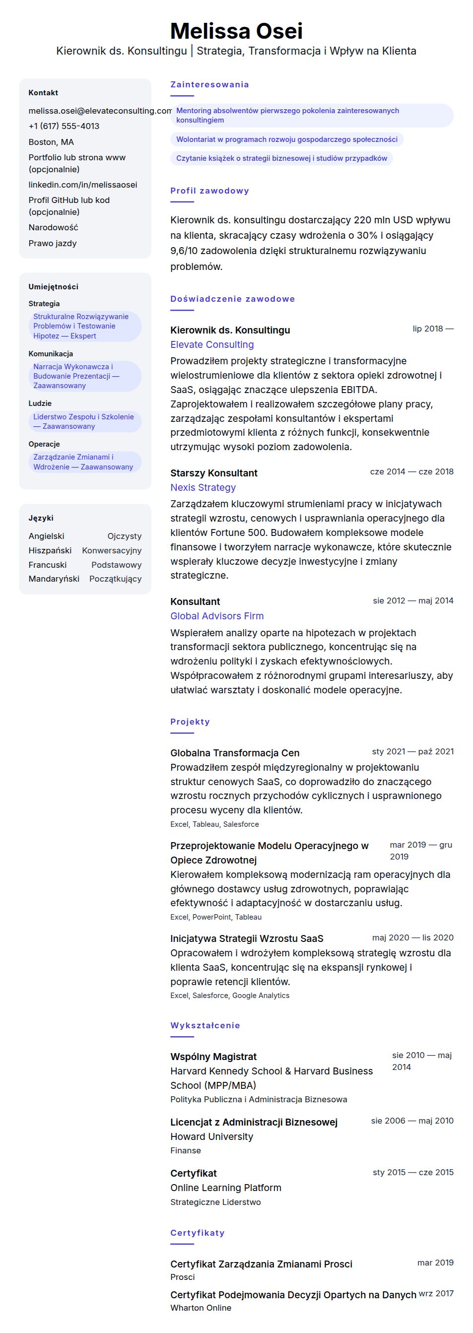 Podgląd CV Przykładowe CV Kierownika ds. Konsultingu