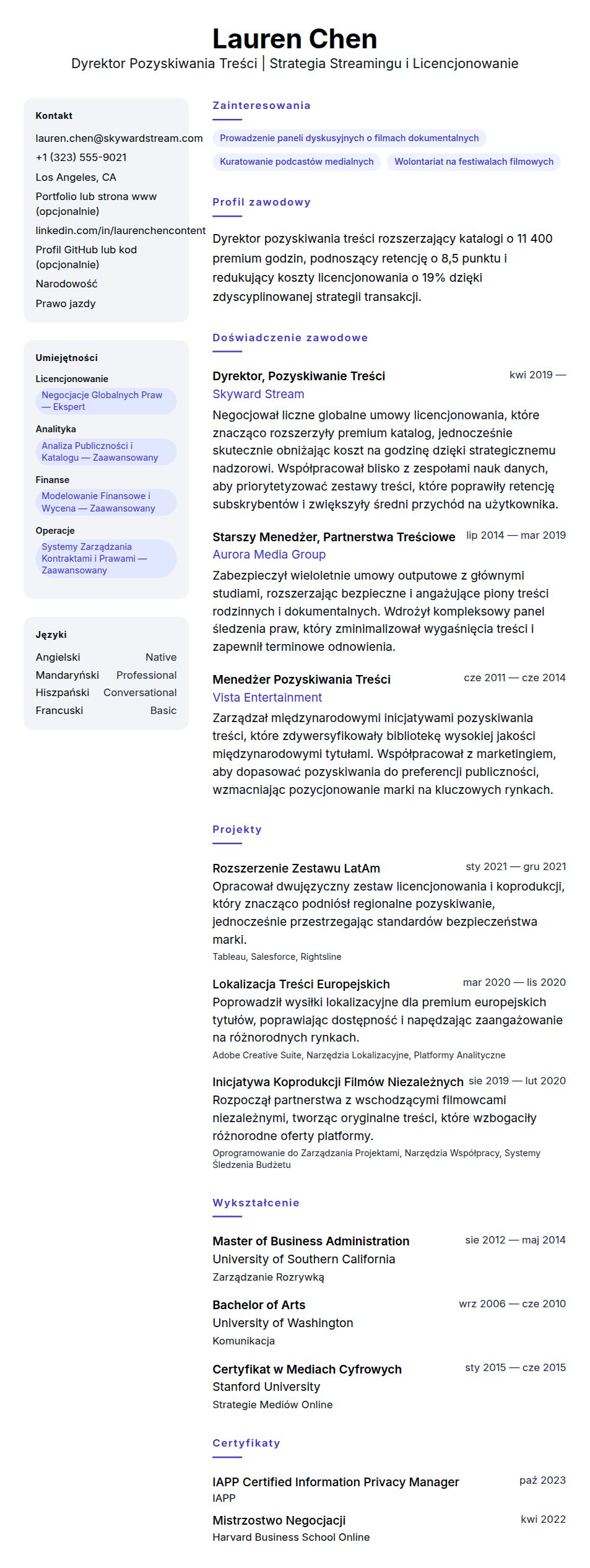 Podgląd CV Przykład CV Dyrektora Pozyskiwania Treści