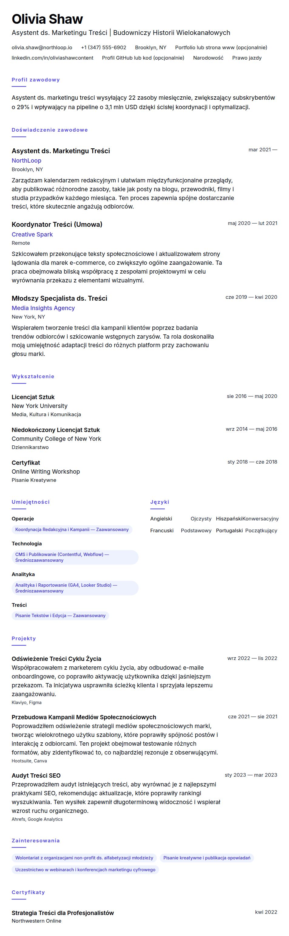 Podgląd CV Przykład CV Asystenta ds. Marketingu Treści