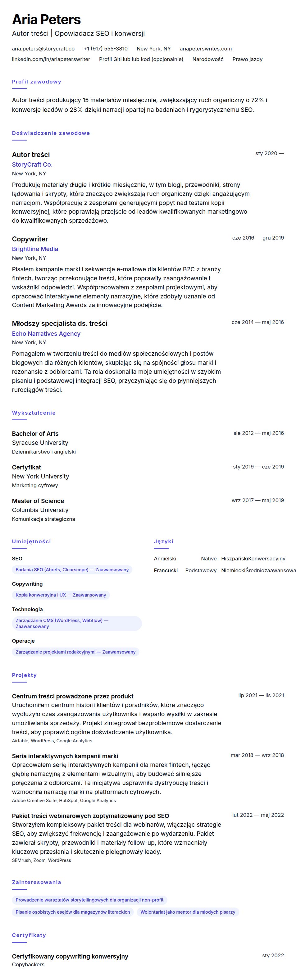 Przykład CV Autora treści