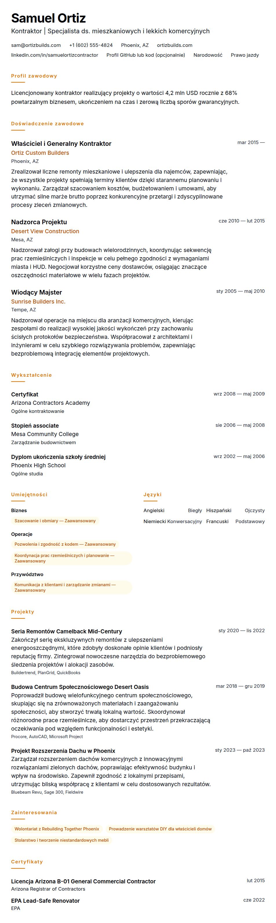Przykładowe CV Kontraktora