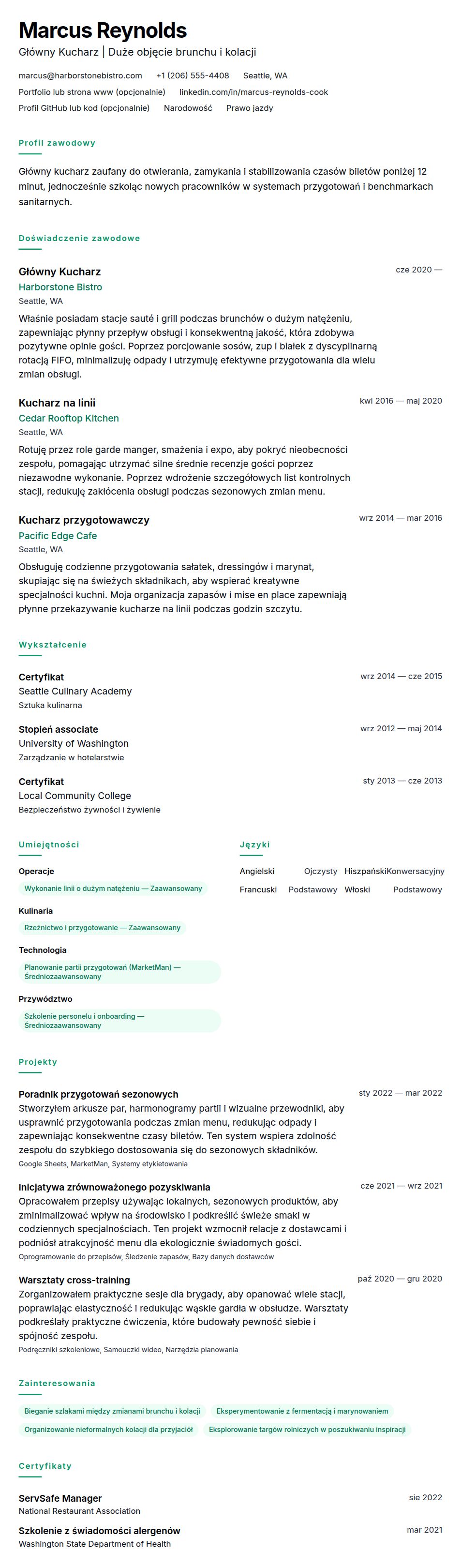 Podgląd CV Przykładowe CV Kucharza
