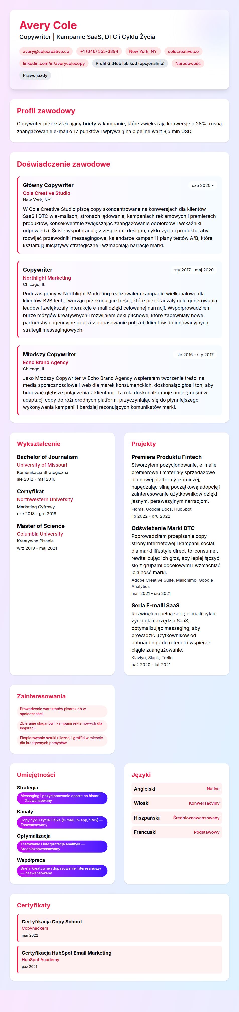 Podgląd CV Przykładowe CV Copywritera