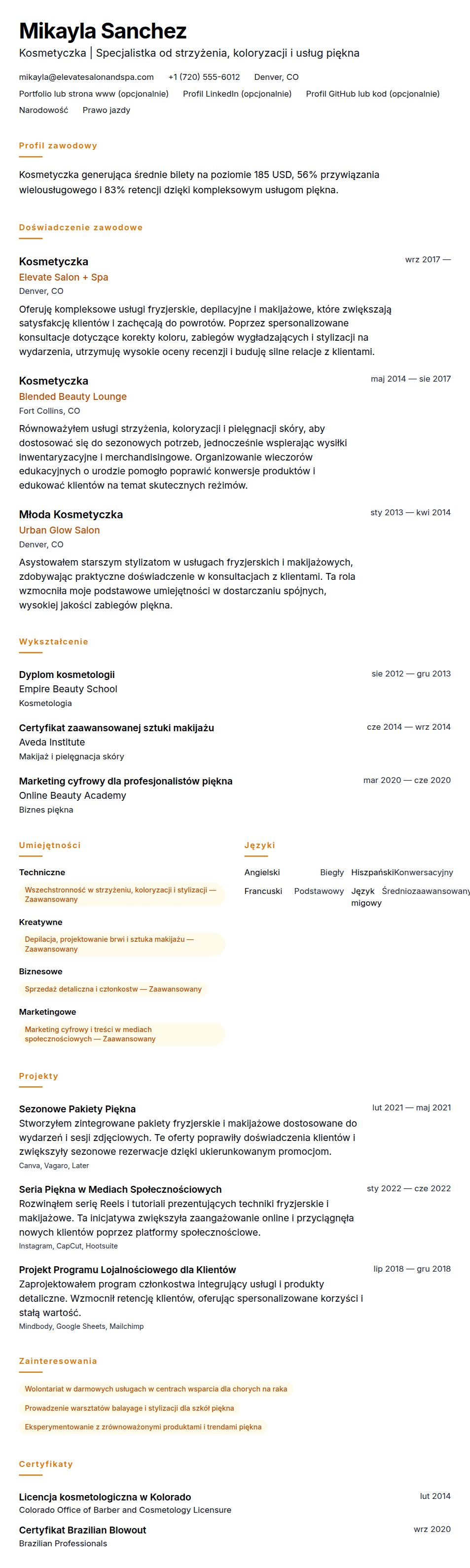 Podgląd CV Przykładowe CV Kosmetyczki
