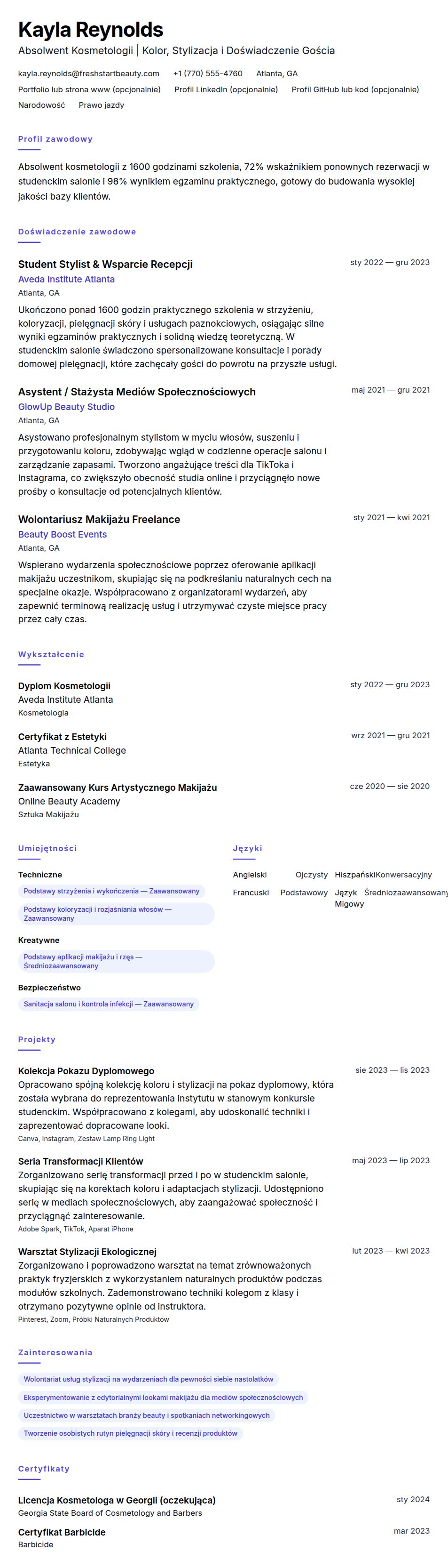 Podgląd CV Przykładowe CV Absolwenta Kosmetologii