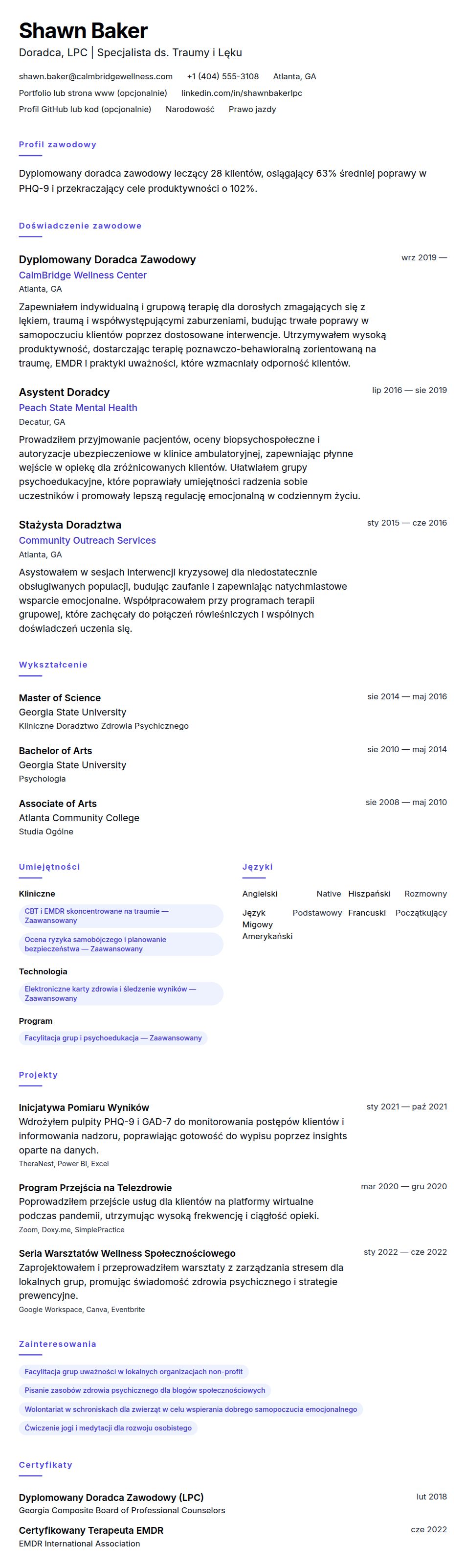 Podgląd CV Przykładowe CV Doradcy