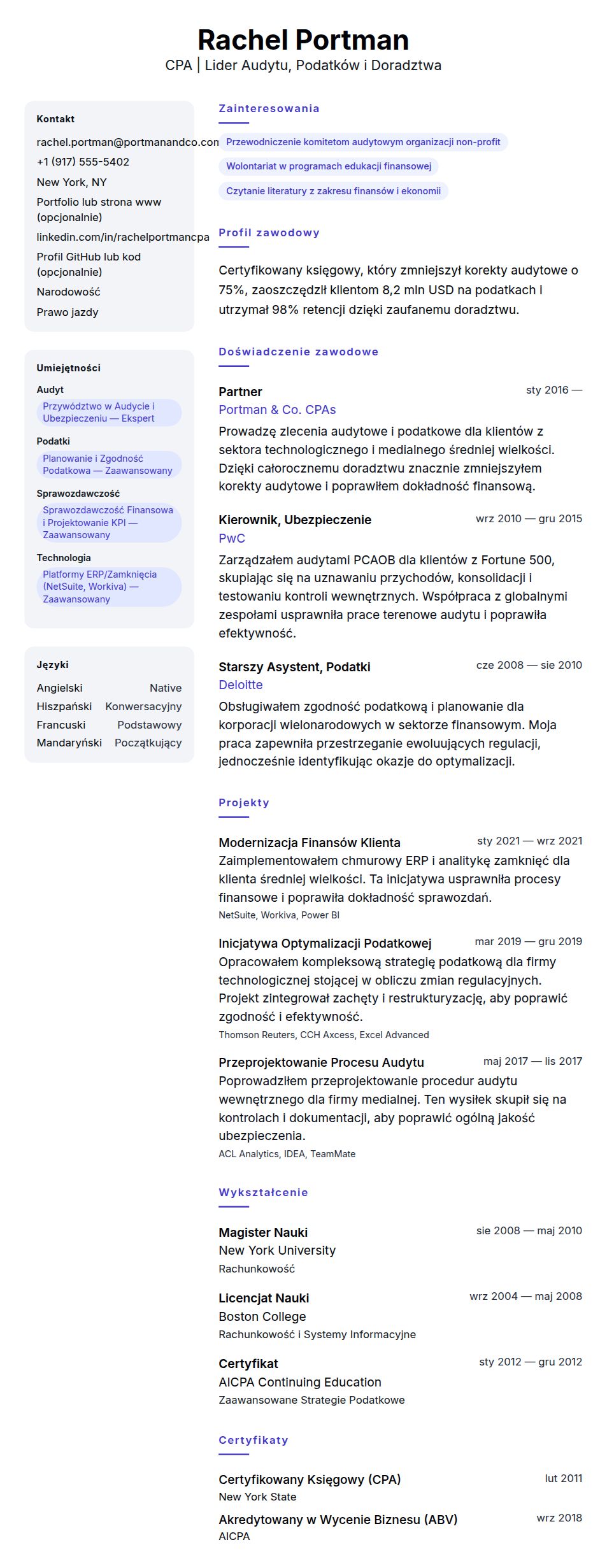 Podgląd CV Przykładowe CV Certyfikowanego Księgowego