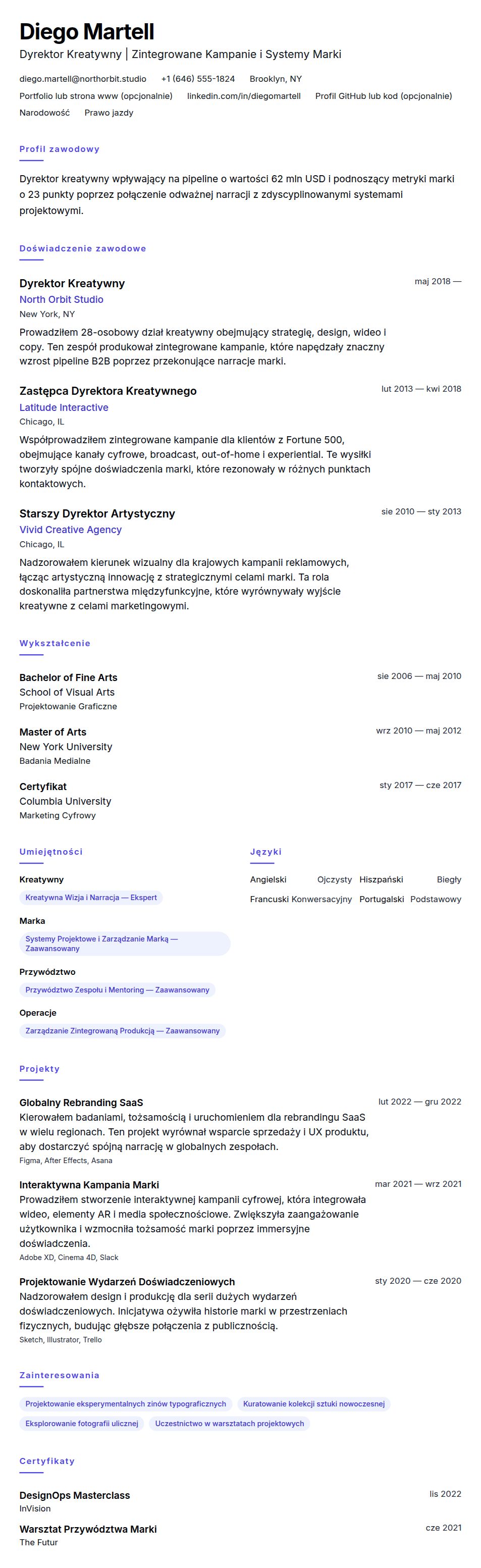 Podgląd CV Przykładowe CV Dyrektora Kreatywnego