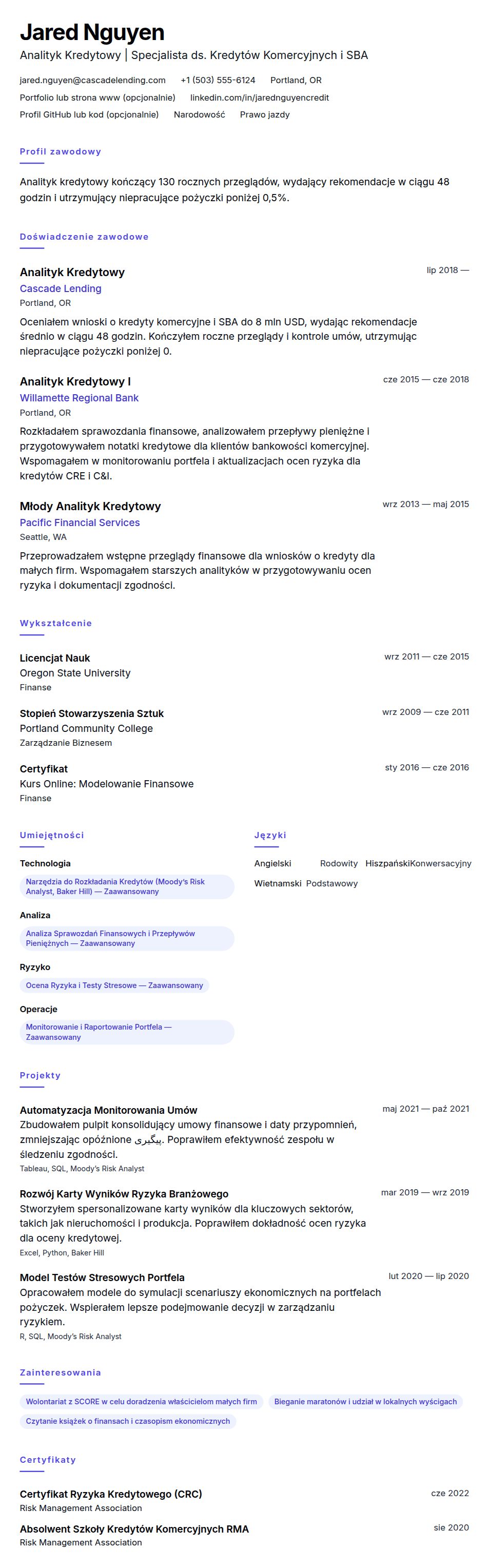 Podgląd CV Przykładowe CV Analityka Kredytowego