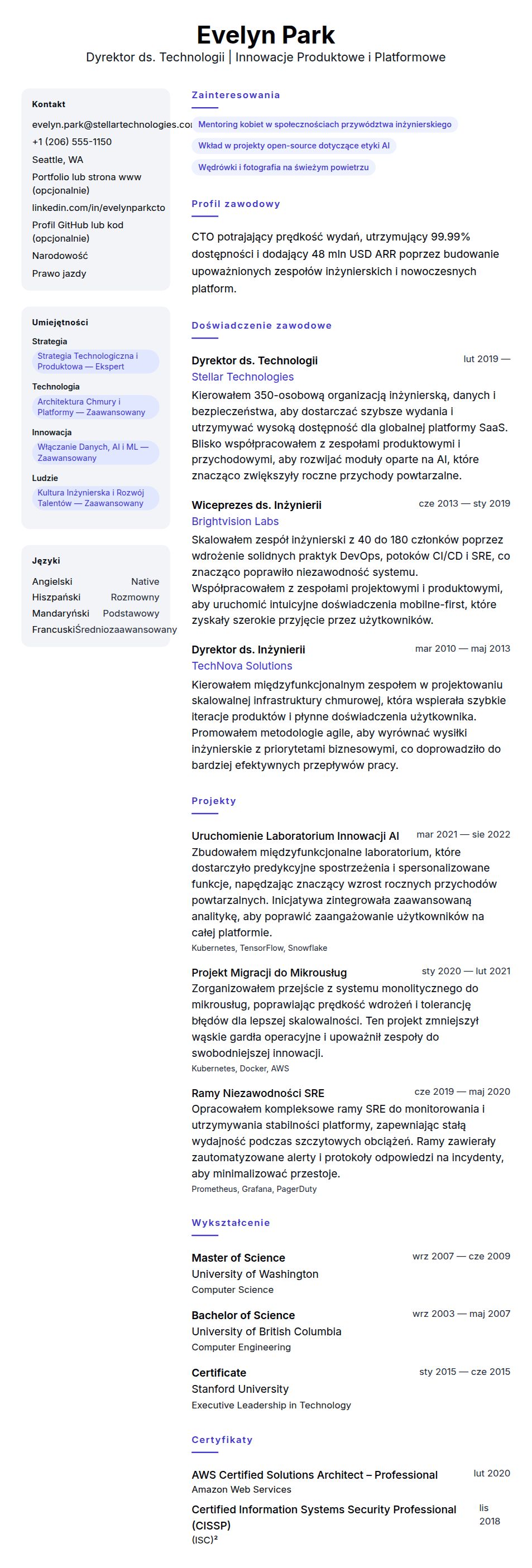 Podgląd CV Przykładowe CV Dyrektora ds. Technologii