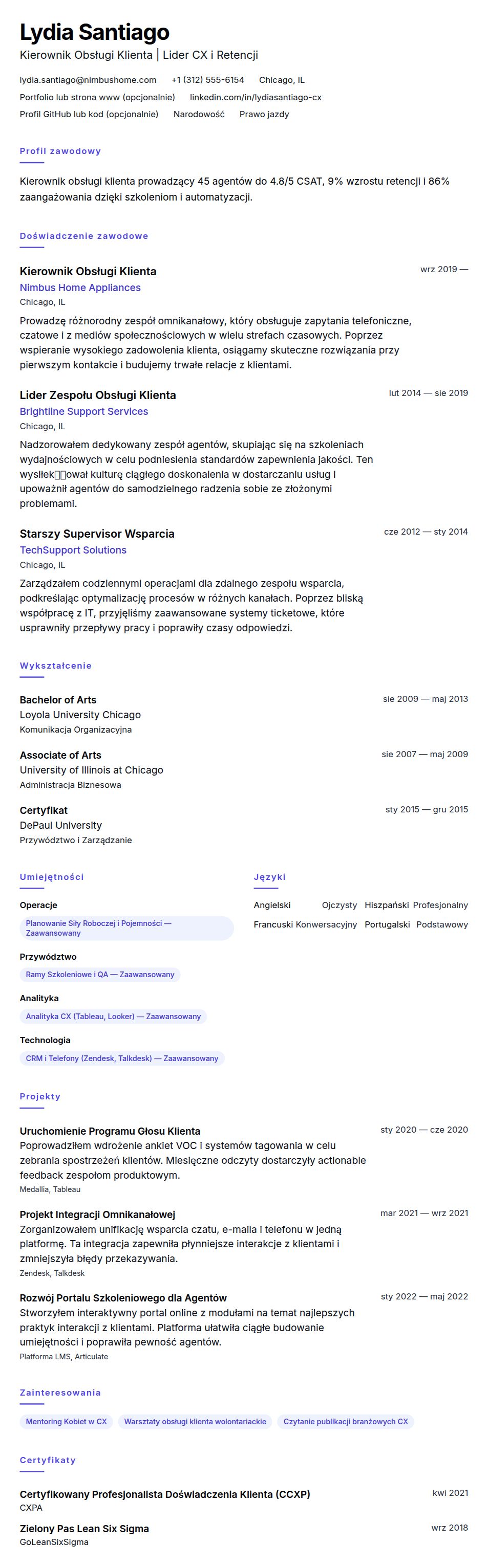 Podgląd CV Przykładowe CV Kierownika Obsługi Klienta